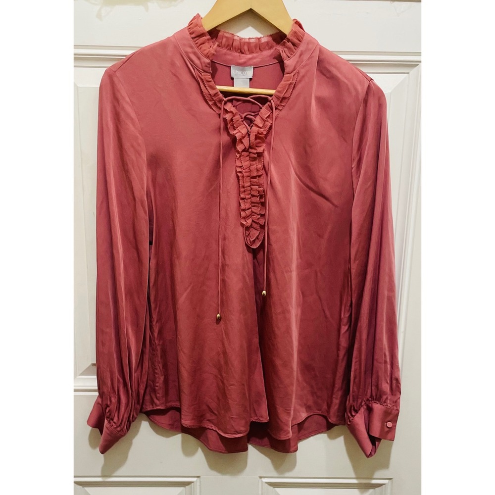 Chico's Ruffle Neck Long Sleeve‎ Blouse Top Rosewood Pink Elegant